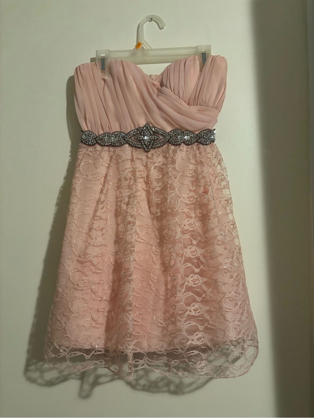 Juniors Strapless Pink Lace Party Dress with Beaded Waist